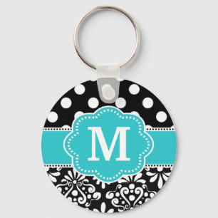 Teal Dots Damask Monogram Key Chain