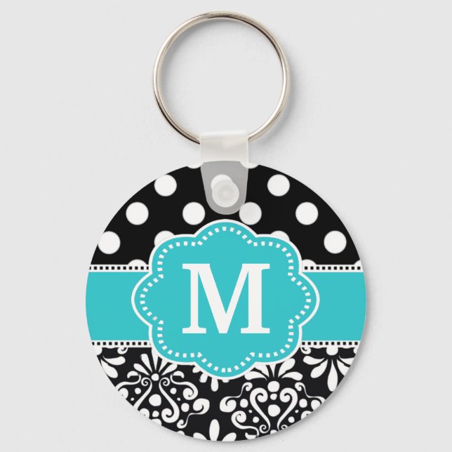 Teal Dots Damask Monogram Key Chain (Front)