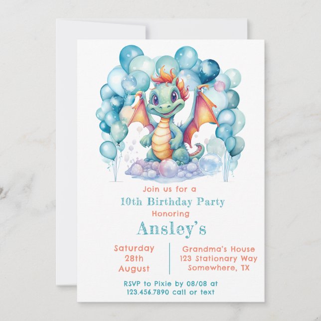 Teal Dragon and Balloon Arch Birthday Party Invitation (Front)