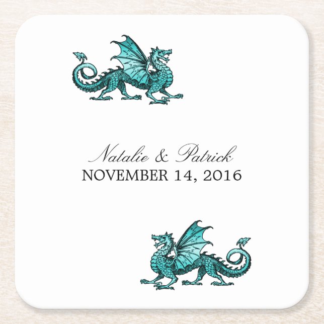 Teal Dragon Wedding Paper Coasters (Front)