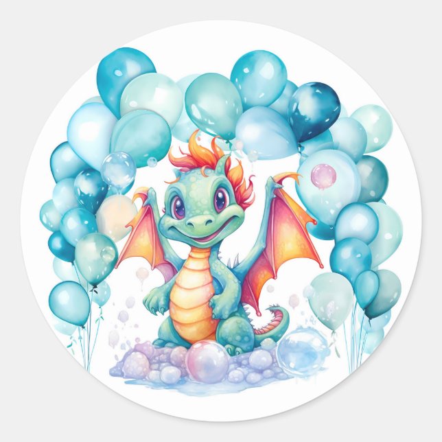 Teal Dragon with Balloon Arch Birthday Party Classic Round Sticker (Front)