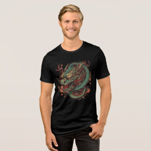 Teal Dragon with Fiery Mane Art Tri-Blend Shirt