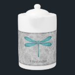Teal Dragonfly Damask<br><div class="desc">Enjoy your tea with a Teal Dragonfly Damask Personalised Teapot. Teapot design features a colourful dragonfly against an elegant vintage grey damask pattern. Additional gift items available with this design as well as a variety of colours.</div>
