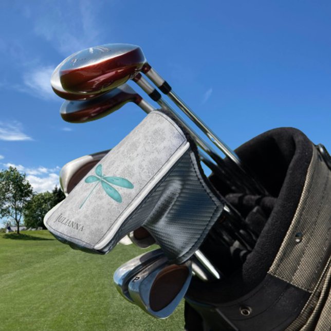 Teal Dragonfly Damask Golf Head Cover (Teal Dragonfly Damask Personalized Golf Head Cover)