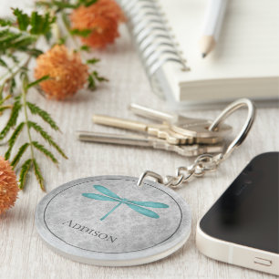 Teal Dragonfly Damask Key Ring