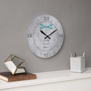 Teal Dragonfly Damask Large Clock