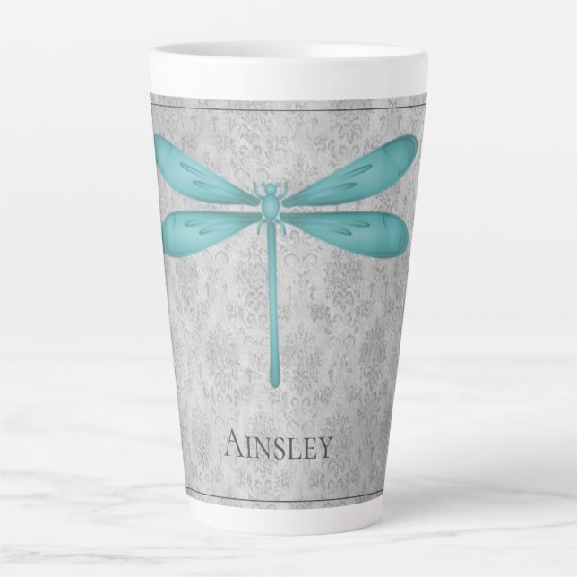 Teal Dragonfly Damask Latte Mug (Front)