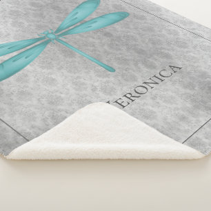 Teal Dragonfly Damask Personalised Sherpa Blanket