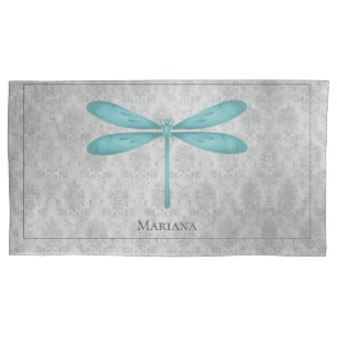 Teal Dragonfly Damask Pillowcase
