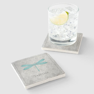 Teal Dragonfly Damask Stone Coaster