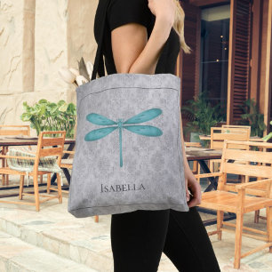 Teal Dragonfly Damask Tote Bag