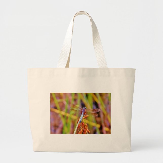 Teal Dragonfly on sedge Large Tote Bag (Front)