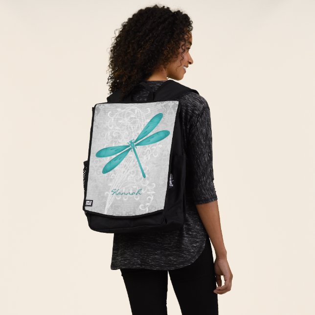 Teal Dragonfly Personalised Backpack (Worn)