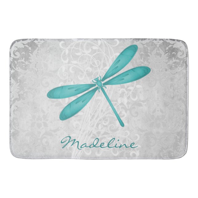 Teal Dragonfly Personalised Bath Mat (Front)