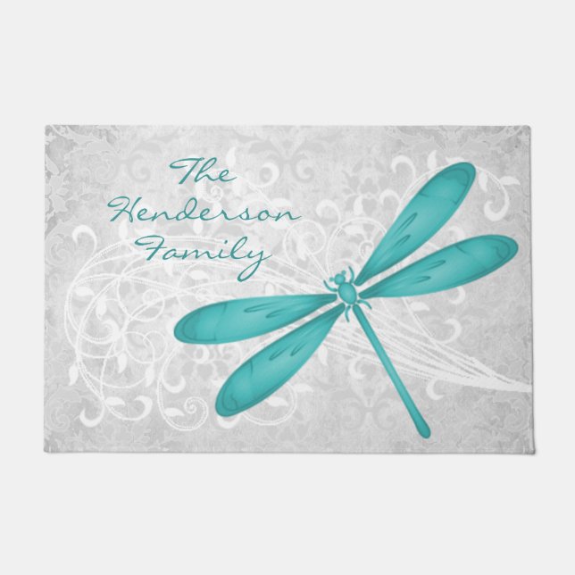 Teal Dragonfly Personalised Door Mat (Front)