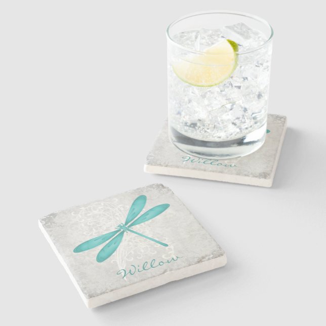 Teal Dragonfly Personalised Stone Coaster (Side)