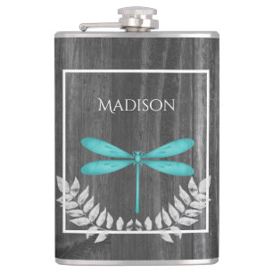Teal Dragonfly Rustic Flask
