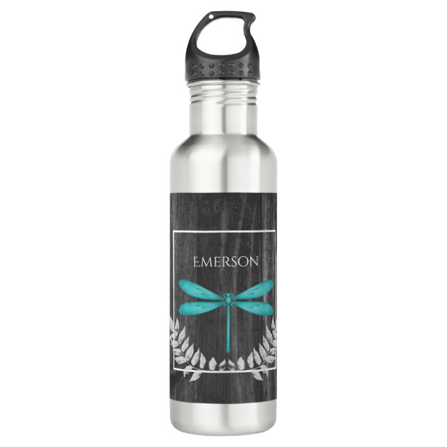Teal Dragonfly Rustic Personalised 710 Ml Water Bottle (Front)