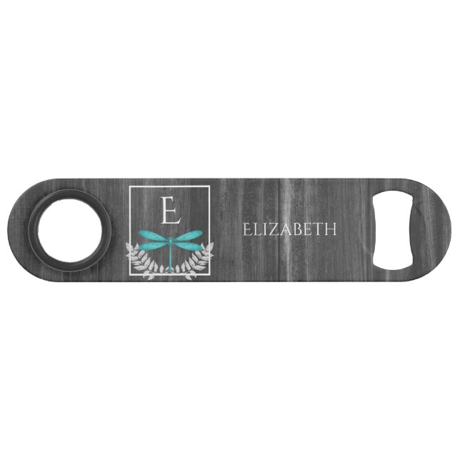 Teal Dragonfly Rustic Personalised Bar Key (Front (Horizontal))