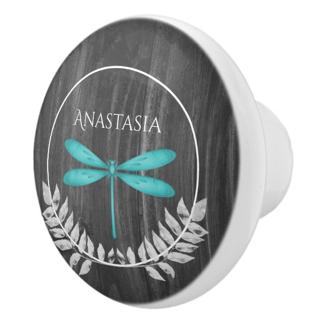 Teal Dragonfly Rustic Personalised Ceramic Knob (Right)