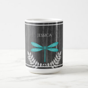 Teal Dragonfly Rustic Personalised Coffee Mug