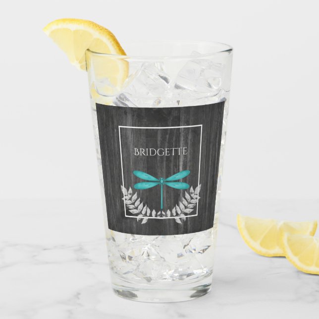 Teal Dragonfly Rustic Personalised Glass (Front Ice)