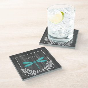 Teal Dragonfly Rustic Personalised Glass Coaster