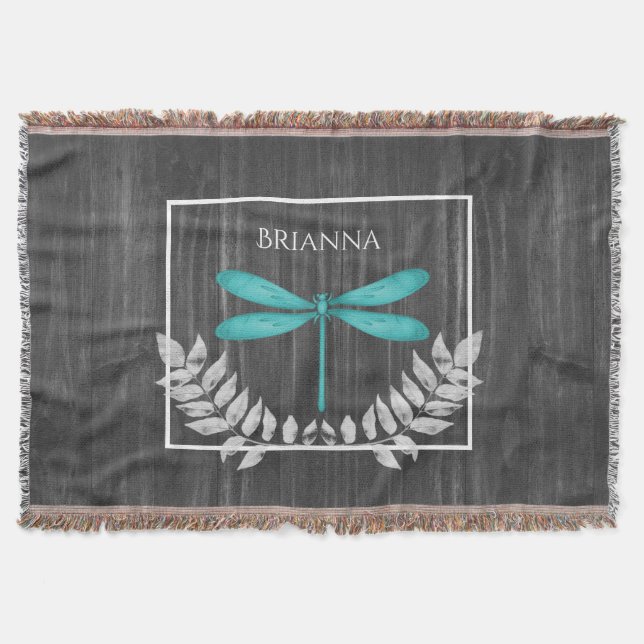 Teal Dragonfly Rustic Personalised Throw Blanket (Front)