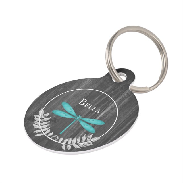 Teal Dragonfly Rustic Round Pet Tag (Side)