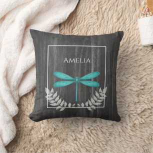 Teal Dragonfly Rustic Throw Pillow