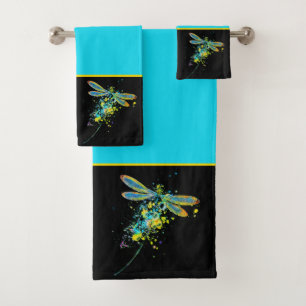 Teal Dragonfly splatter  Bath Towel Set