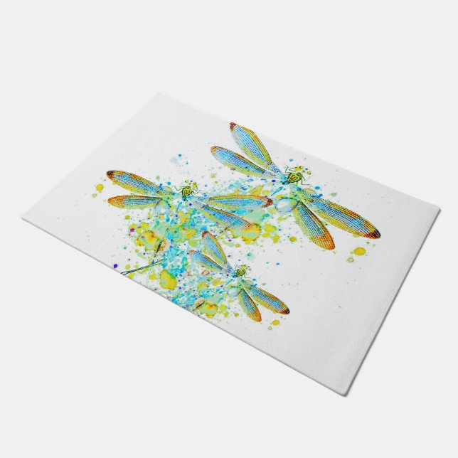 Teal Dragonfly splatter  Doormat (Angled)