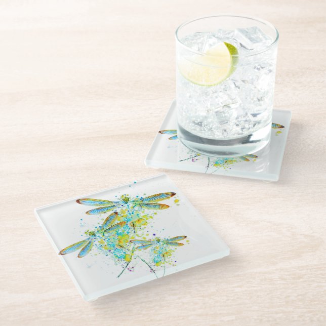 Teal Dragonfly splatter  Glass Coaster (Angled)