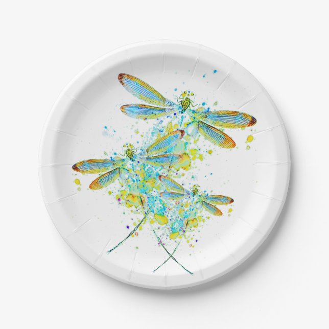Teal Dragonfly splatter  Paper Plate (Front)