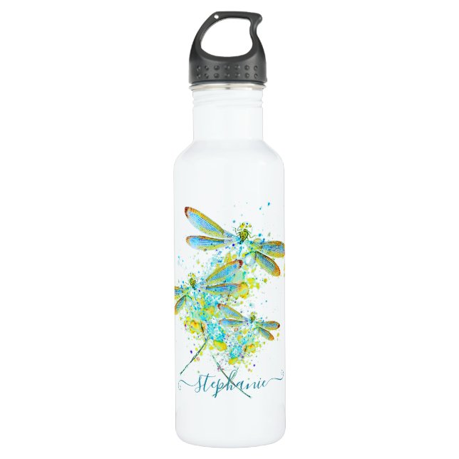 Teal Dragonfly splatter personalised  710 Ml Water Bottle (Front)