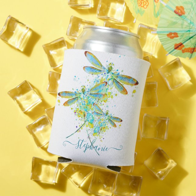 Teal Dragonfly splatter personalised  Can Cooler (In Situ Summer)