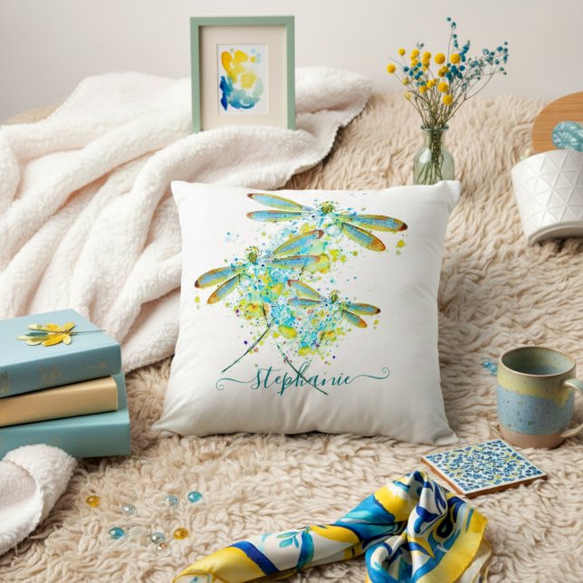 Teal Dragonfly splatter personalised  Cushion (Creator Uploaded)