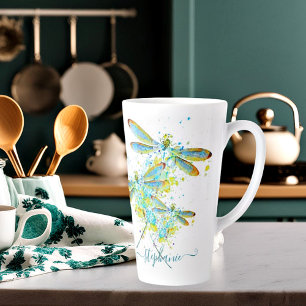 Teal Dragonfly splatter personalised  Latte Mug