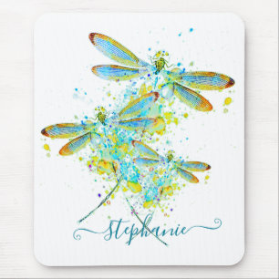 Teal Dragonfly splatter personalised Mouse Mat