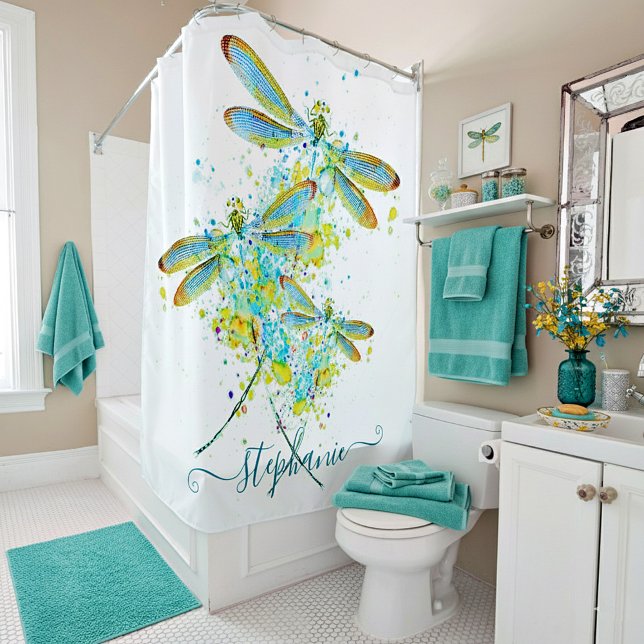 Teal Dragonfly splatter personalised  Shower Curtain (Creator Uploaded)
