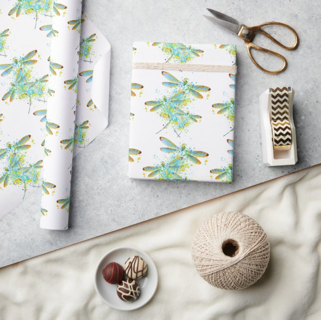 Teal Dragonfly splatter  Wrapping Paper (Crafts)