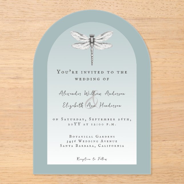 Teal Dragonfly Wedding Acrylic Invitations (Front)