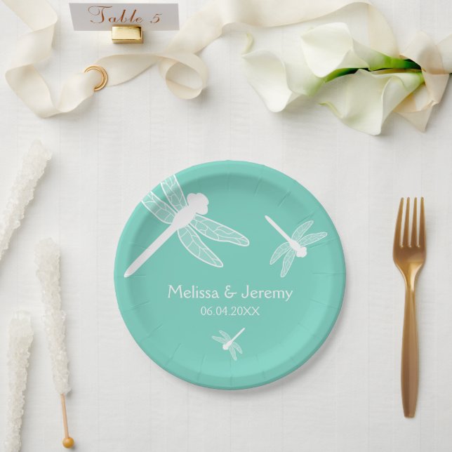 Teal Dragonfly Wedding Paper Plate (Wedding)