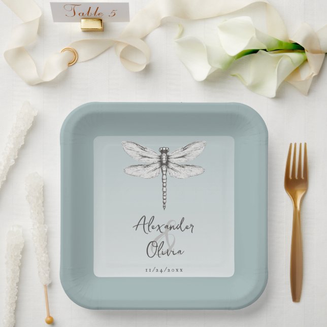 Teal Dragonfly Wedding Paper Plate (Wedding)