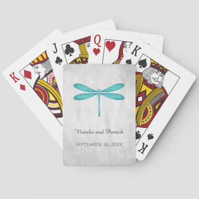 Teal Dragonfly Wedding Playing Cards (Back)