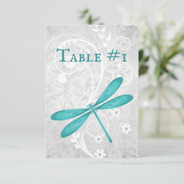 Teal Dragonfly Wedding Reception Table Card (Standing Front)