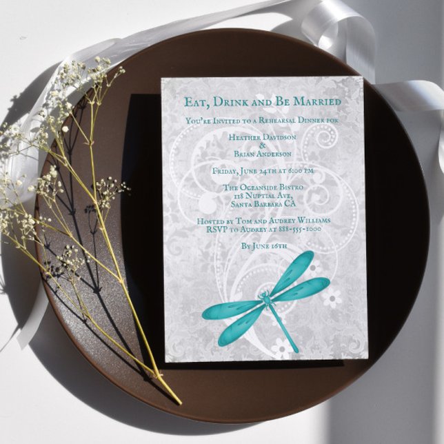 Teal Dragonfly Wedding Rehearsal Dinner Invite (Teal Dragonfly Wedding Rehearsal Dinner Invitation)