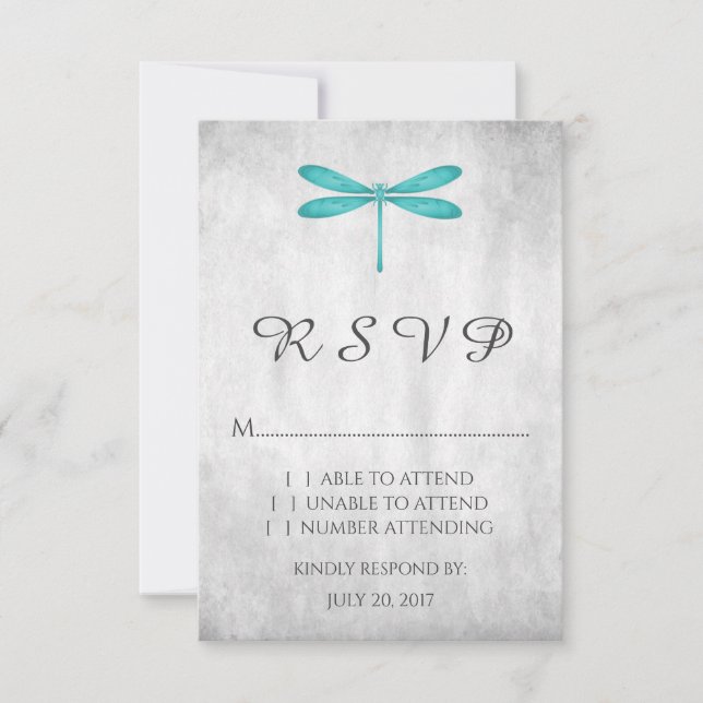 Teal Dragonfly Wedding RSVP Card (Front)