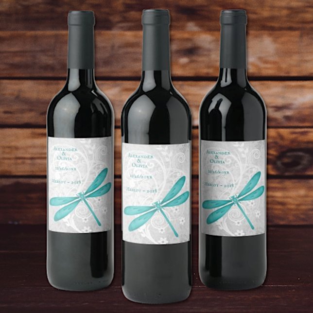 Teal Dragonfly Wedding Wine Label (Teal Dragonfly Wedding Wine Label)