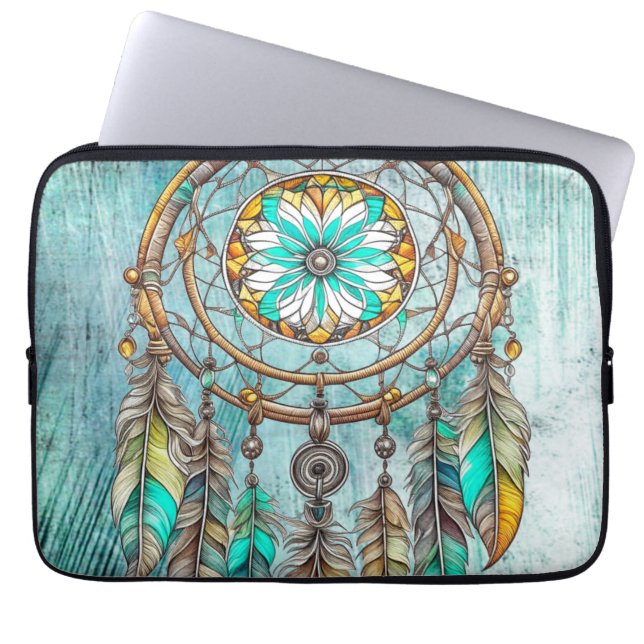 Teal Dreamcatcher Mystical Boho Feathers and Beads Laptop Sleeve (Front)